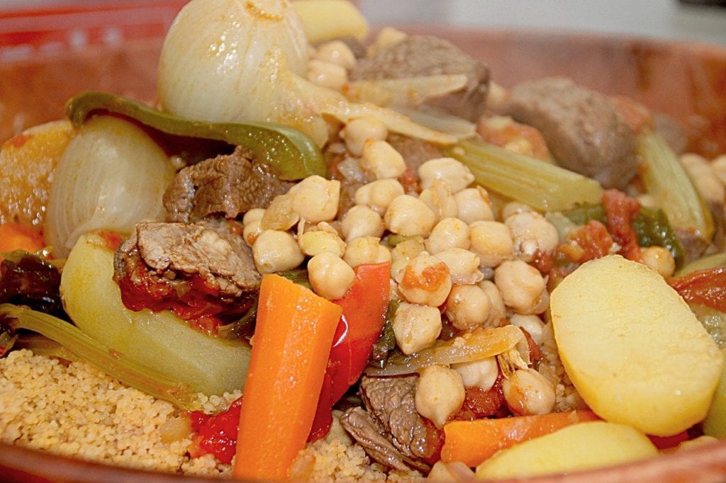 Moroccan couscous with meat, vegetables and chickpeas