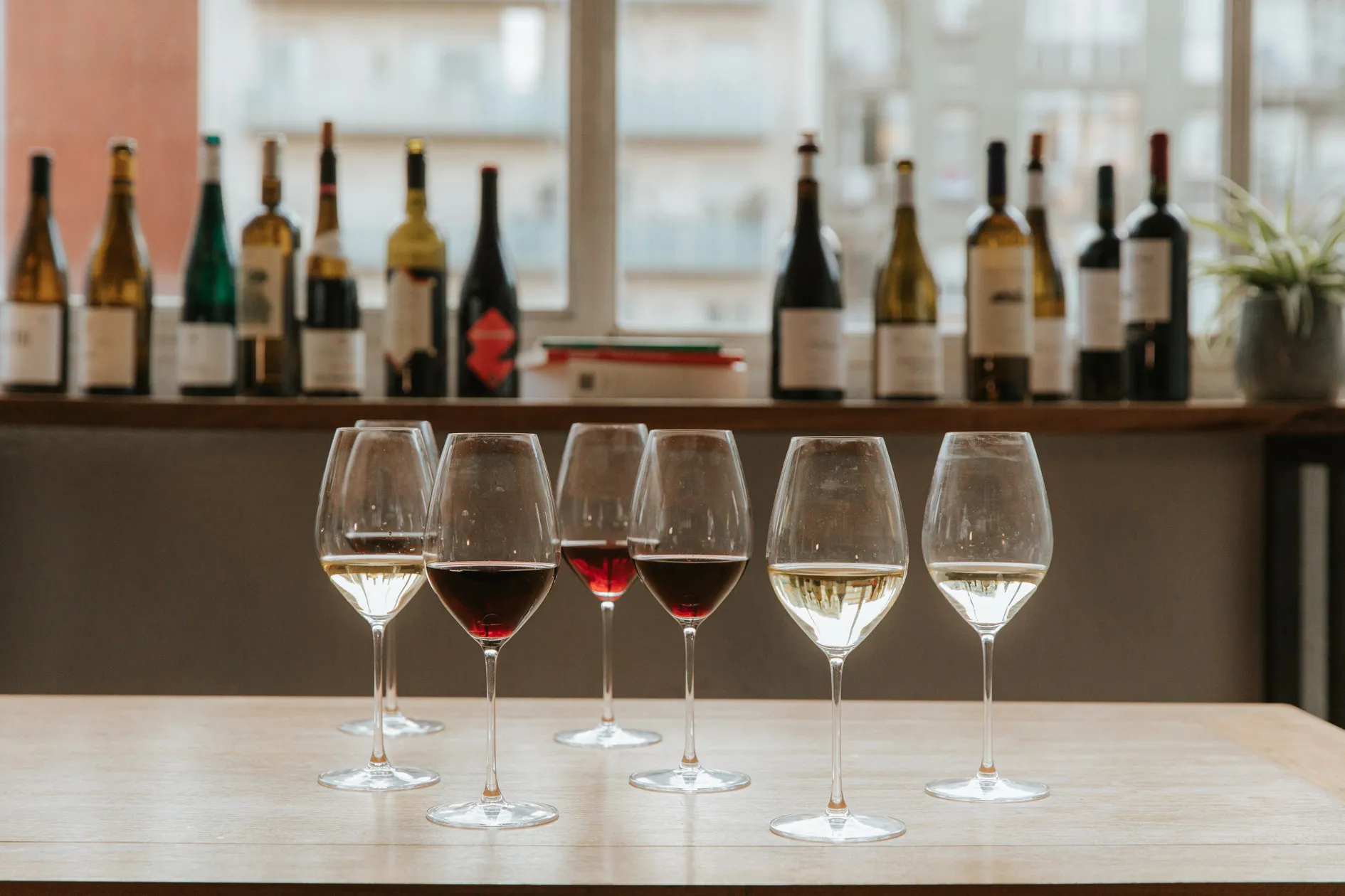 Mehrere Gläser und Flaschen verschiedener Weinsorten ohne Sulfite